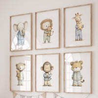Nursery Wall Art Set, Pajama Animals, Baby Safari Animals
