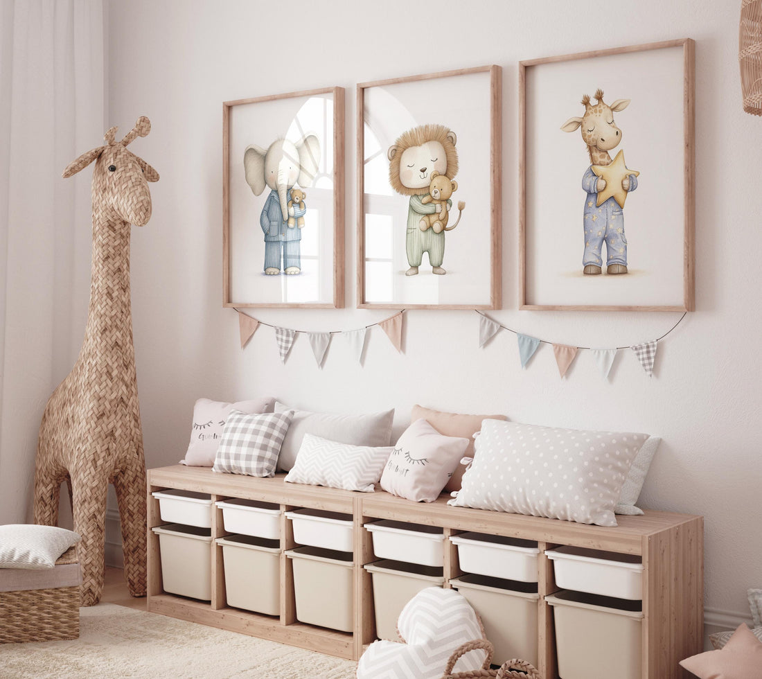 Pajama Animals Nursery Wall Art – Elephant Lion Giraffe Print Set, Baby Animal Decor