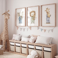 Pajama Animals Nursery Wall Art – Elephant Lion Giraffe Print Set, Baby Animal Decor