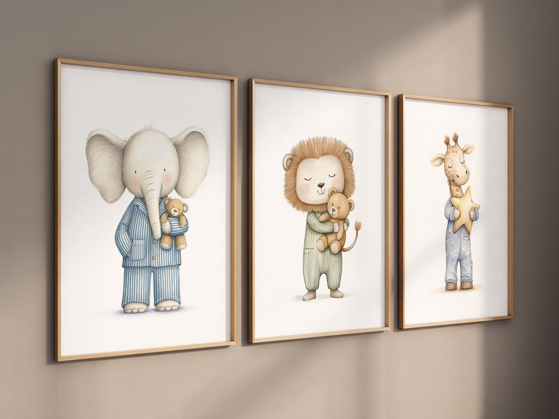 Pajama Animals Nursery Wall Art – Elephant Lion Giraffe Print Set, Baby Animal Decor