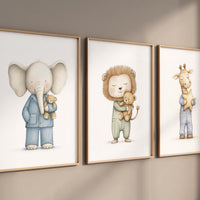 Pajama Animals Nursery Wall Art – Elephant Lion Giraffe Print Set, Baby Animal Decor