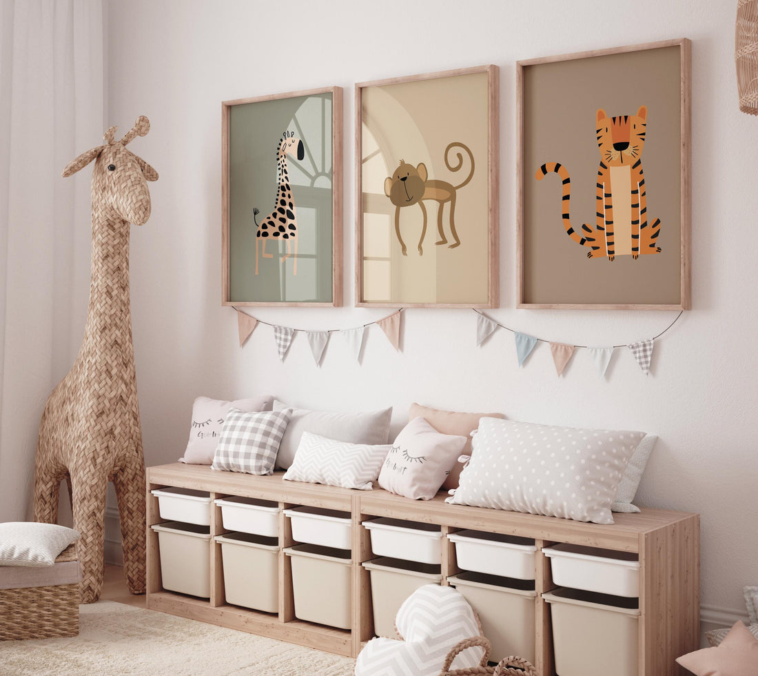 Safari Nursery Wall Art Set of 3, Earth Tone Animal Prints, Giraffe Monkey Tiger