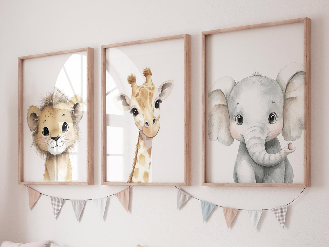 Safari Animal Nursery Prints: Watercolor Lion, Giraffe, Elephant Art (Set of 3)