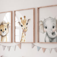 Safari Animal Nursery Prints: Watercolor Lion, Giraffe, Elephant Art (Set of 3)