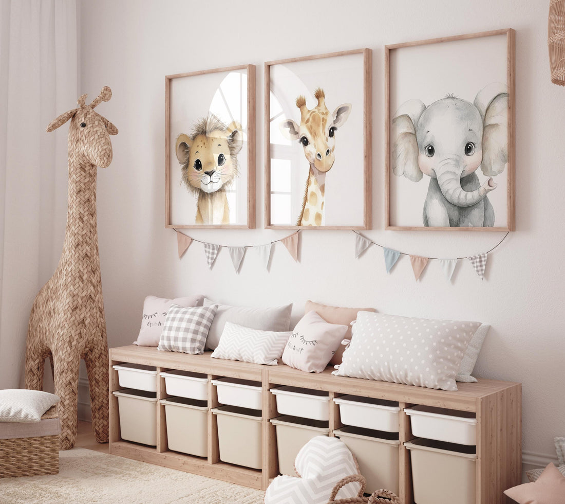 Safari Animal Nursery Prints: Watercolor Lion, Giraffe, Elephant Art (Set of 3)