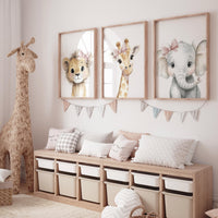 Baby Girl Nursery Wall Art Set, Safari Animals with Pink Bows