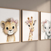 Baby Girl Nursery Wall Art Set, Safari Animals with Pink Bows