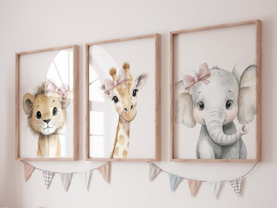 Baby Girl Nursery Wall Art Set, Safari Animals with Pink Bows