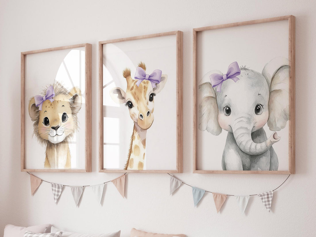 Baby Girl Nursery Wall Art Set, Safari Animals with Purple Bows