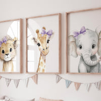 Baby Girl Nursery Wall Art Set, Safari Animals with Purple Bows