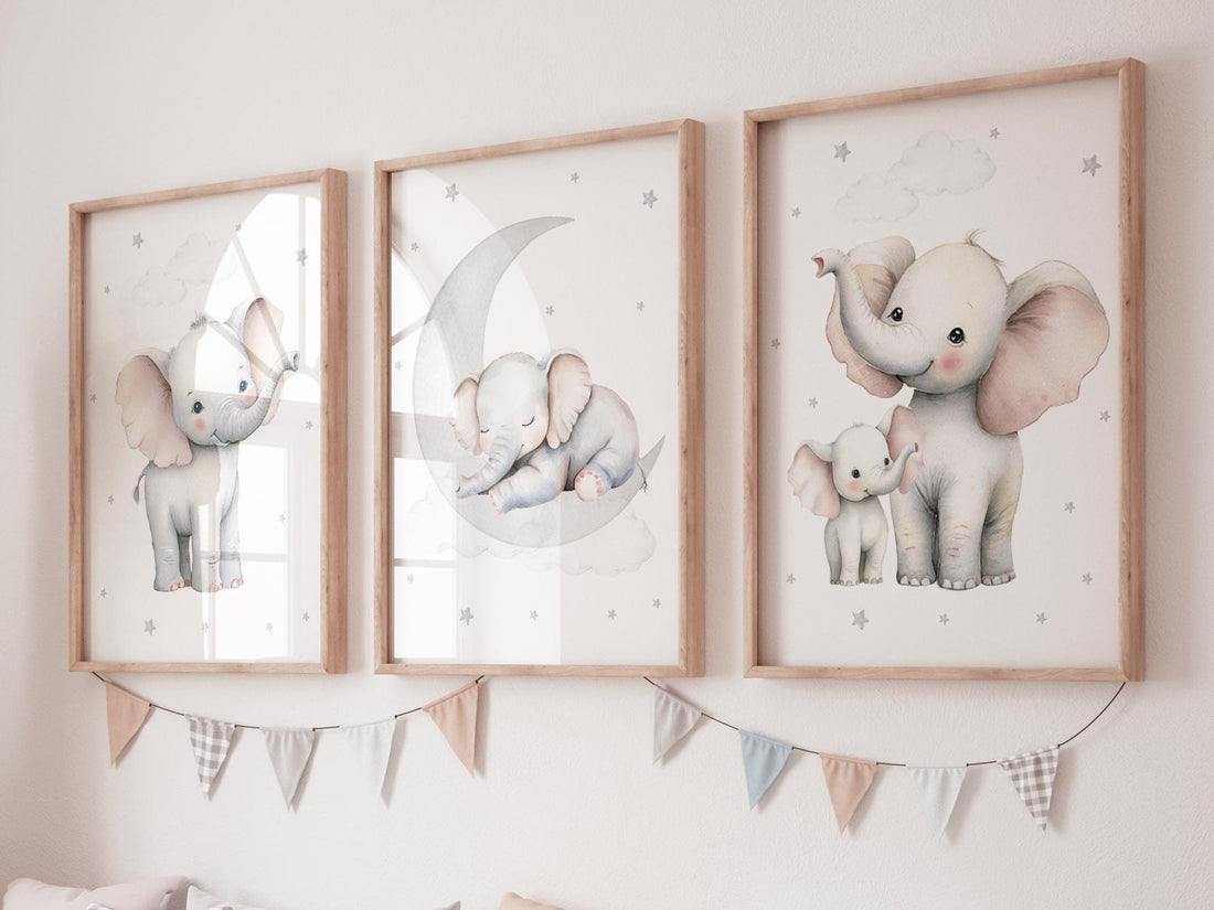 Elephant Nursery Wall Art Set of 3, Baby Elephant Prints, Moon and Stars