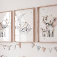 Elephant Nursery Wall Art Set of 3, Baby Elephant Prints, Moon and Stars