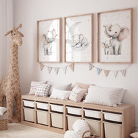 Elephant Nursery Wall Art Set of 3, Baby Elephant Prints, Moon and Stars