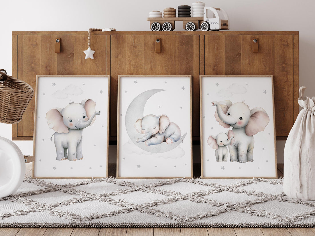 Elephant Nursery Wall Art Set of 3, Baby Elephant Prints, Moon and Stars