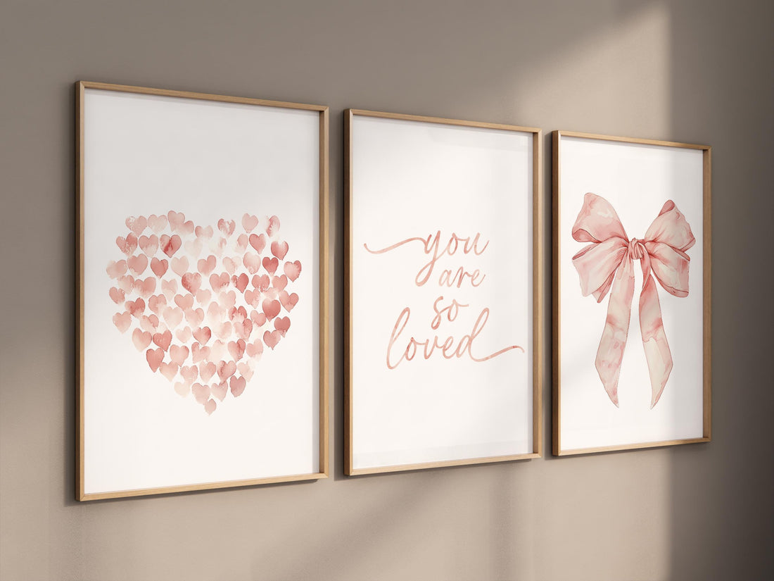 Girl Nursery Watercolor Prints, Peach Heart, Bow, Set of 3