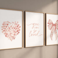 Girl Nursery Watercolor Prints, Peach Heart, Bow, Set of 3