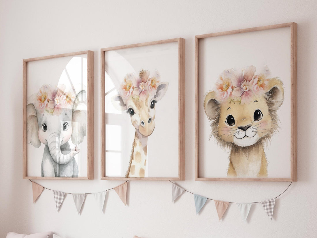 Girl Safari Nursery Wall Art Set of 3, Elephant Giraffe Lion Prints