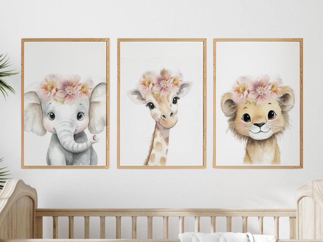 Girl Safari Nursery Wall Art Set of 3, Elephant Giraffe Lion Prints