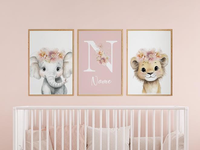 Personalized Safari Nursery Wall Art Set of 3, Elephant and Lion