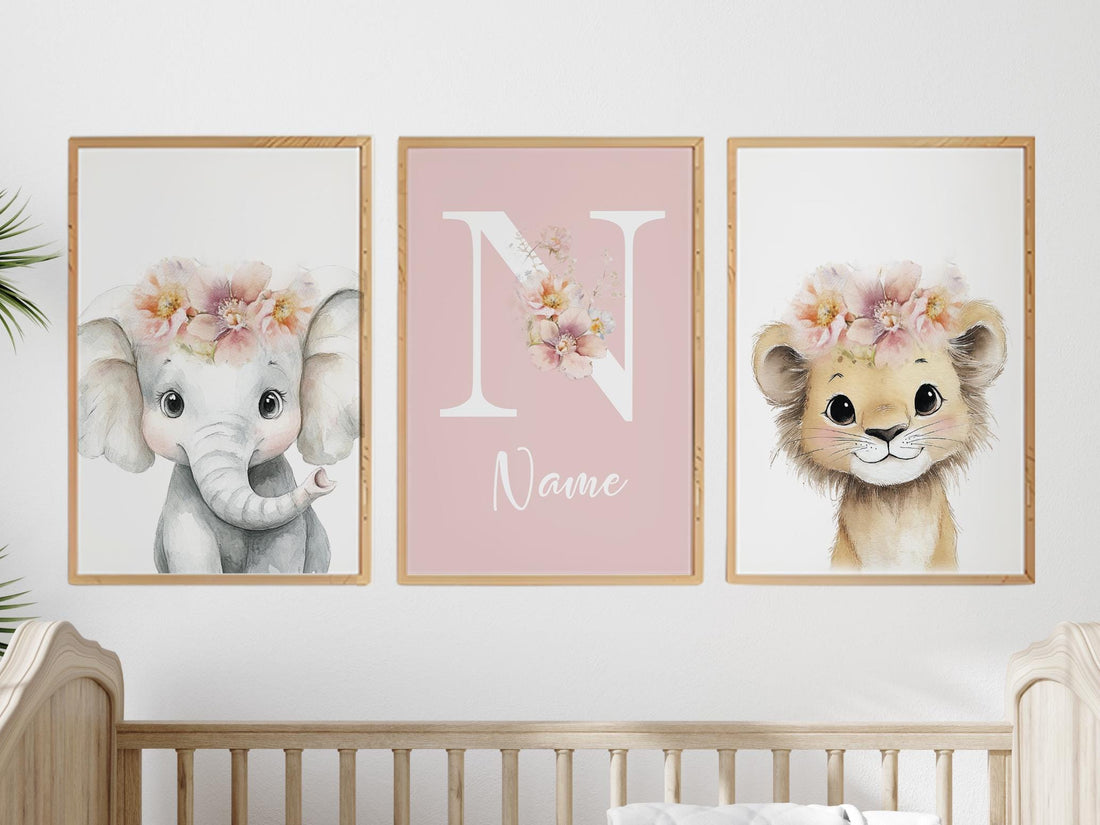 Personalized Safari Nursery Wall Art Set of 3, Elephant and Lion