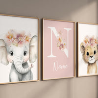 Personalized Safari Nursery Wall Art Set of 3, Elephant and Lion