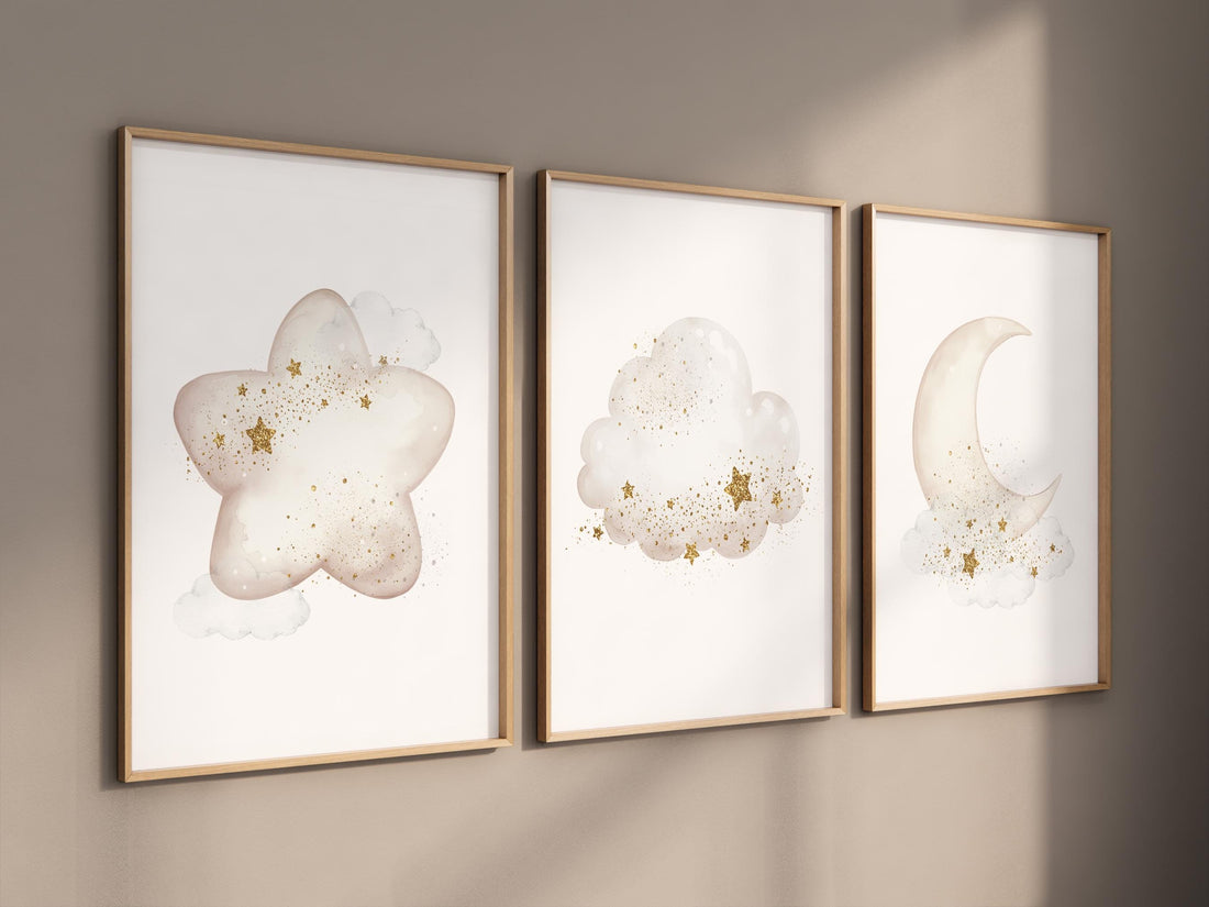 Neutral Moon Nursery Wall Art Set of 3, Star Cloud Prints – LotusArts