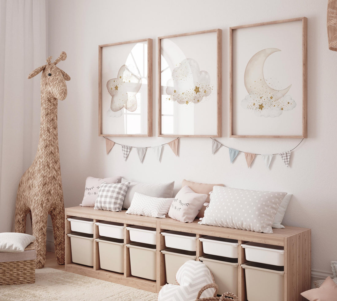 Neutral Moon Nursery Wall Art Set of 3, Star Cloud Prints