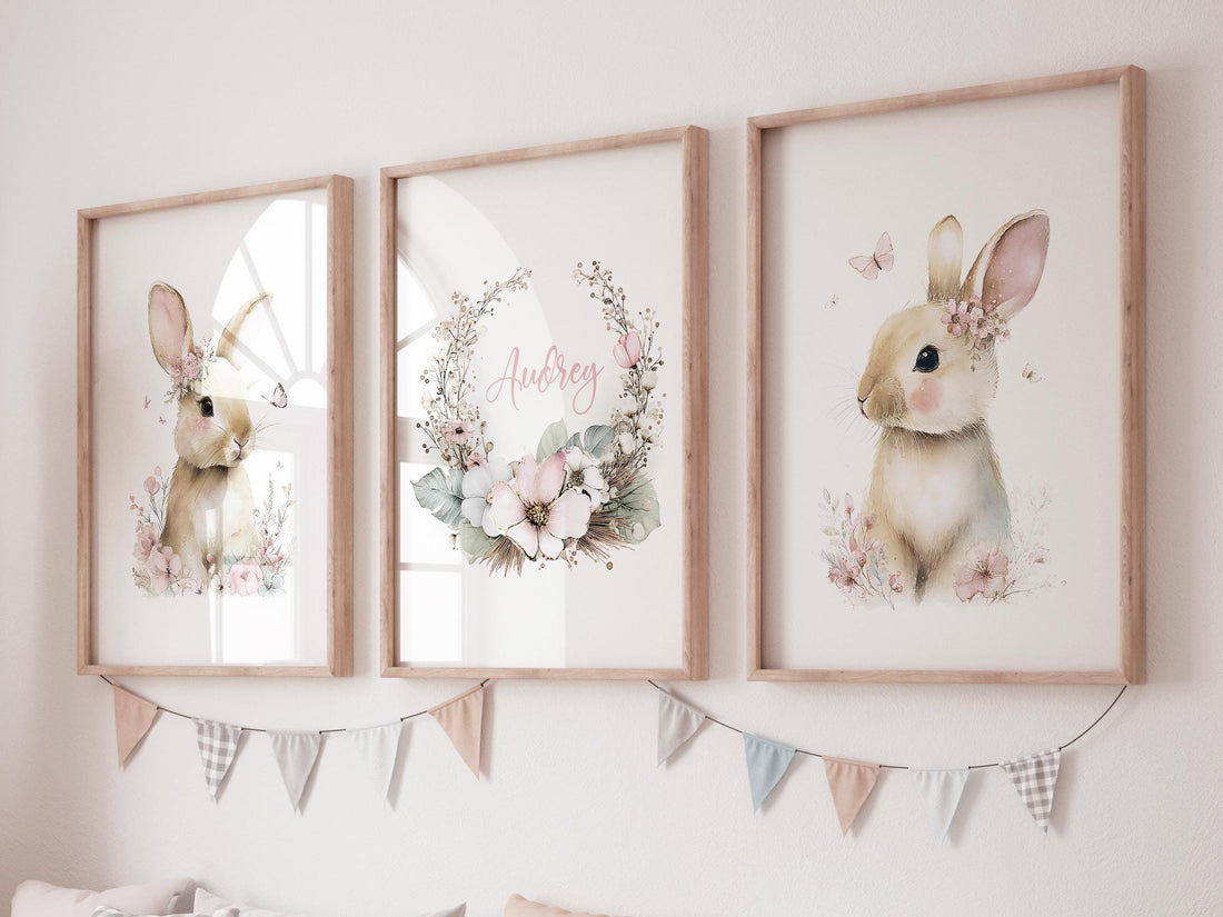 Personalized Bunny Nursery Wall Art Set of 3, Floral Rabbit Prints