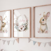 Personalized Bunny Nursery Wall Art Set of 3, Floral Rabbit Prints