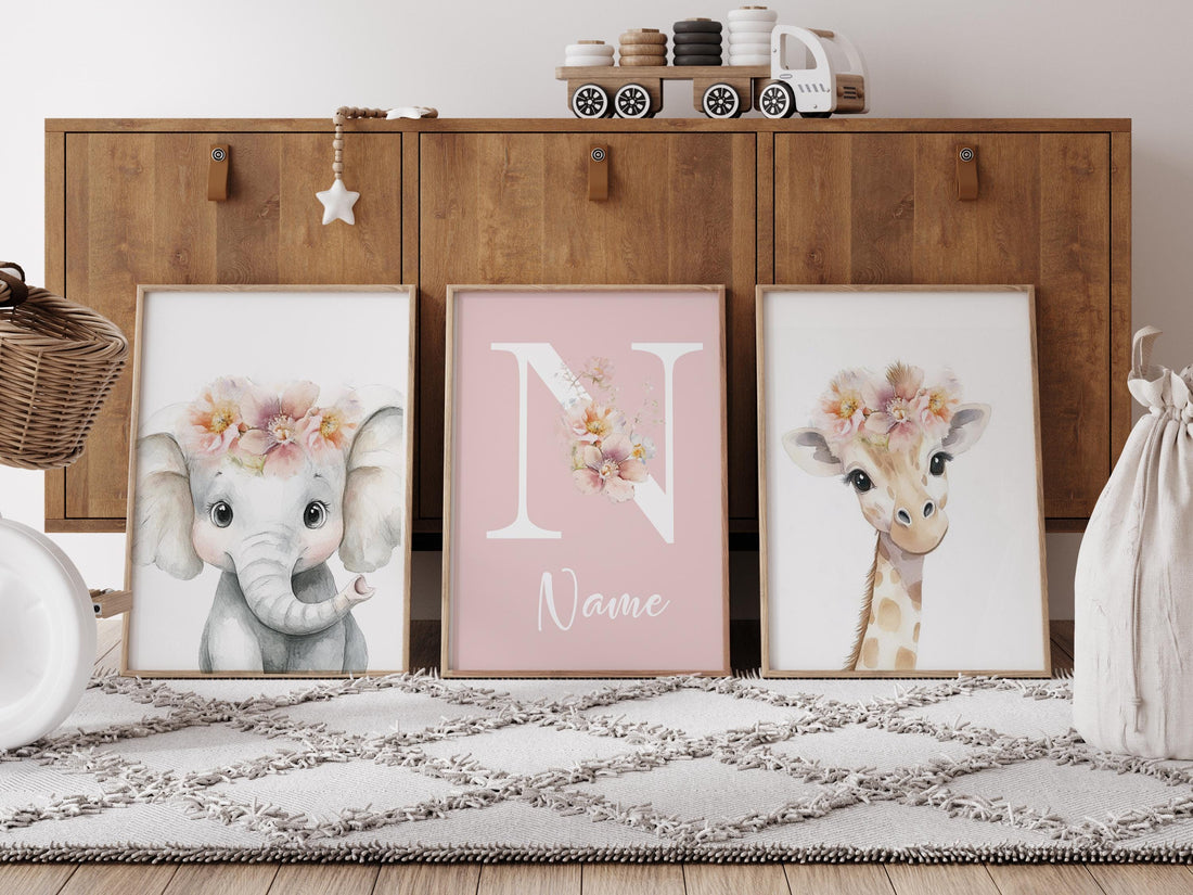 Personalized Safari Nursery Wall Art Set of 3, Elephant and Giraffe Prints