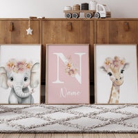 Personalized Safari Nursery Wall Art Set of 3, Elephant and Giraffe Prints