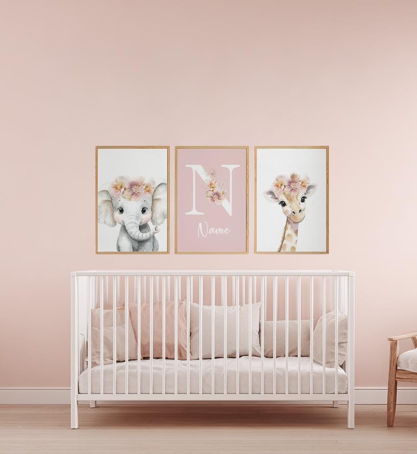 Personalized Safari Nursery Wall Art Set of 3, Elephant and Giraffe Prints