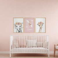 Personalized Safari Nursery Wall Art Set of 3, Elephant and Giraffe Prints