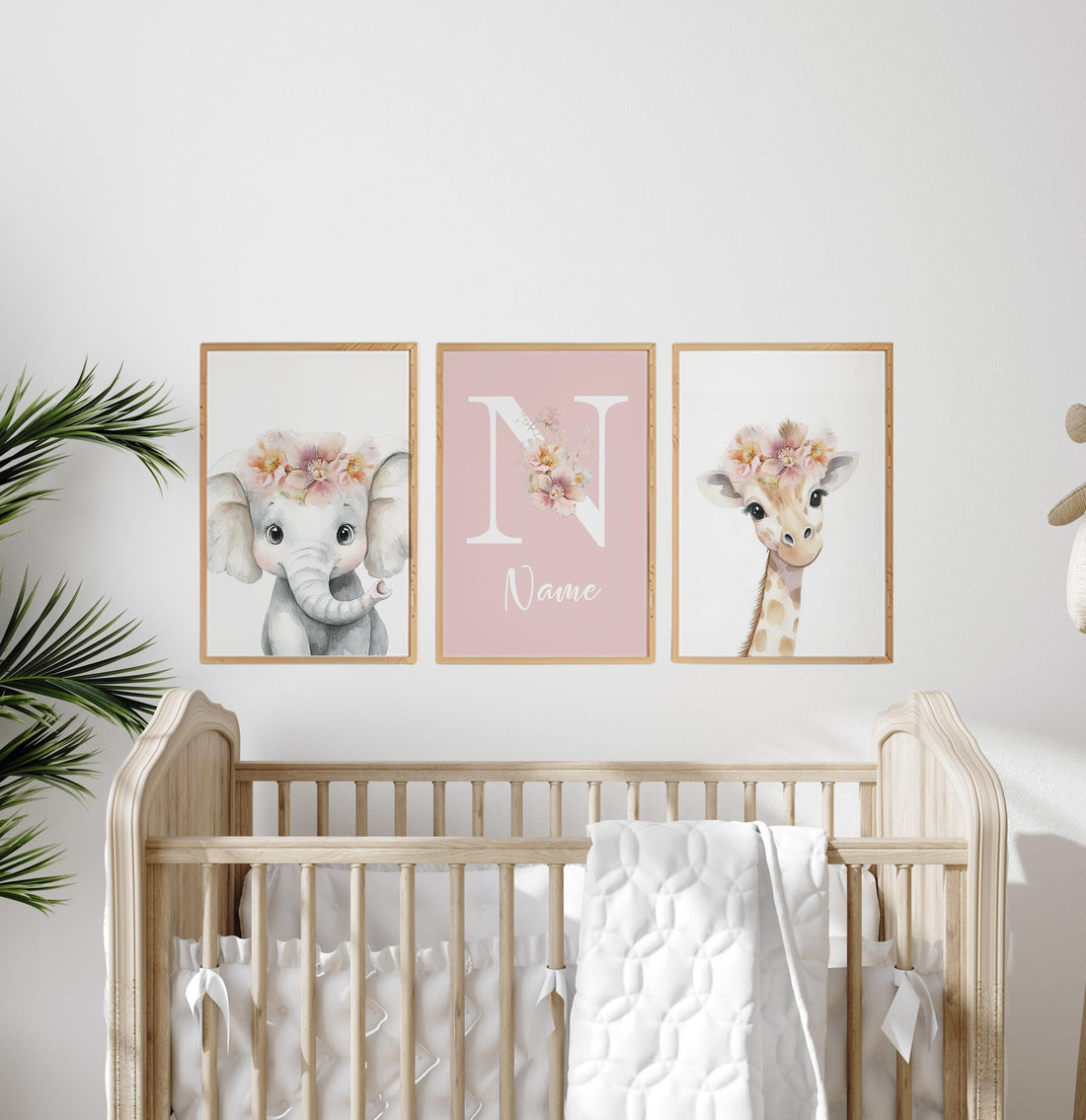 Personalized Safari Nursery Wall Art Set of 3, Elephant and Giraffe Prints