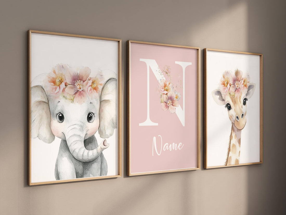 Personalized Safari Nursery Wall Art Set of 3, Elephant and Giraffe Prints
