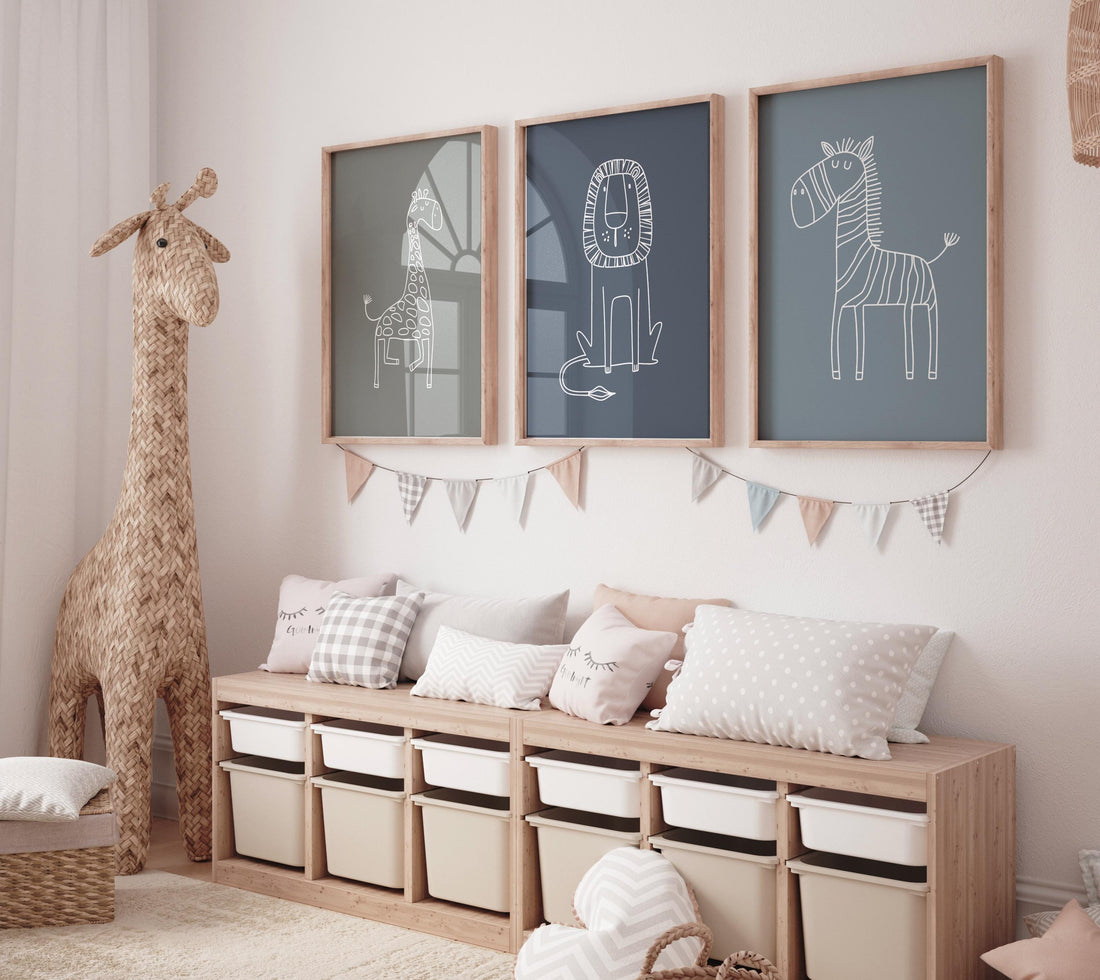 Safari Animal Nursery Prints: Boho Jungle Art, Set of 3