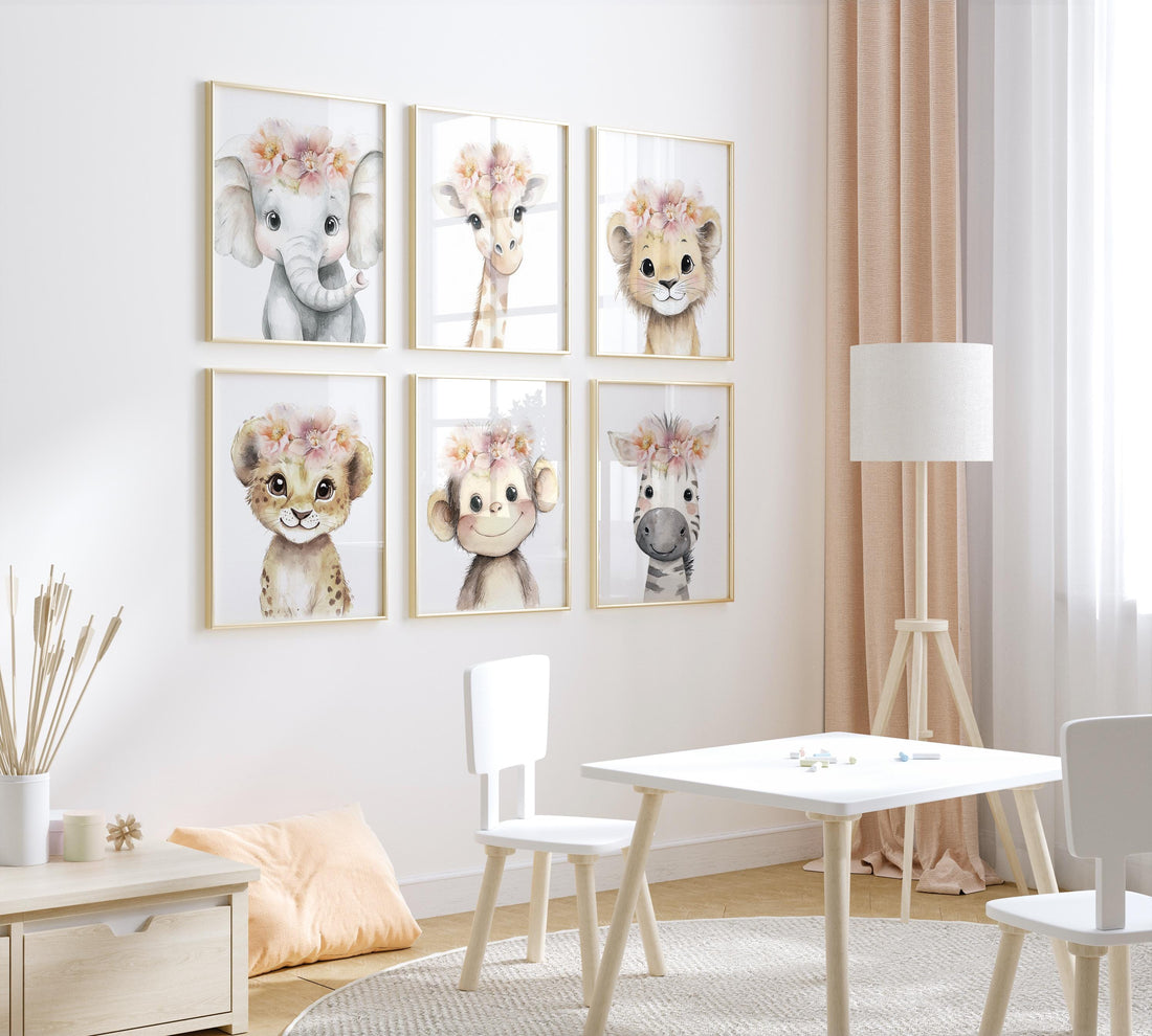 Girl Safari Nursery Wall Art Set of 6, Floral Baby Animal Prints