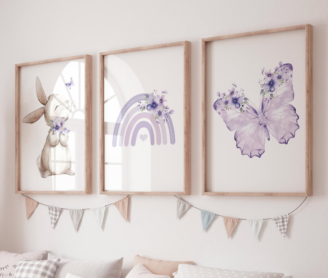 Purple Nursery Wall Art Set of 3, Bunny Rainbow Butterfly Prints