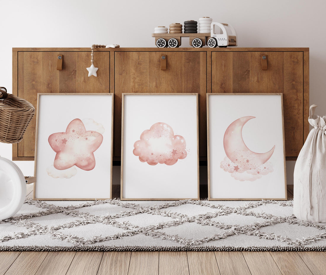 Blush Pink Nursery Prints: Moon, Stars, Cloud Art