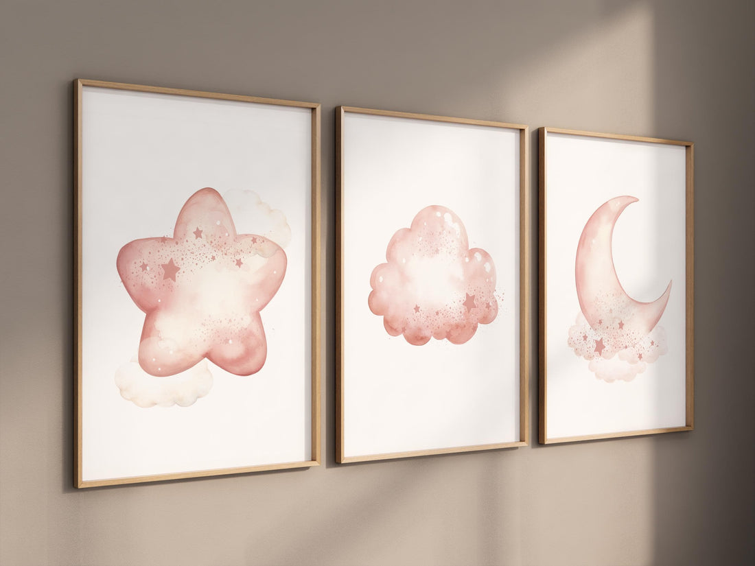 Blush Pink Nursery Prints: Moon, Stars, Cloud Art