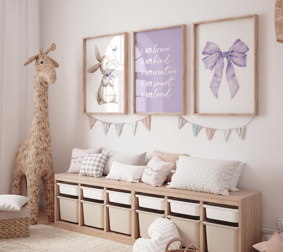Purple Nursery Wall Art Set of 3, Bunny Print, Purple Bow