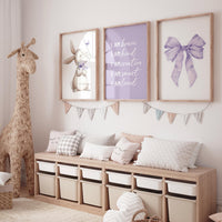 Purple Nursery Wall Art Set of 3, Bunny Print, Purple Bow