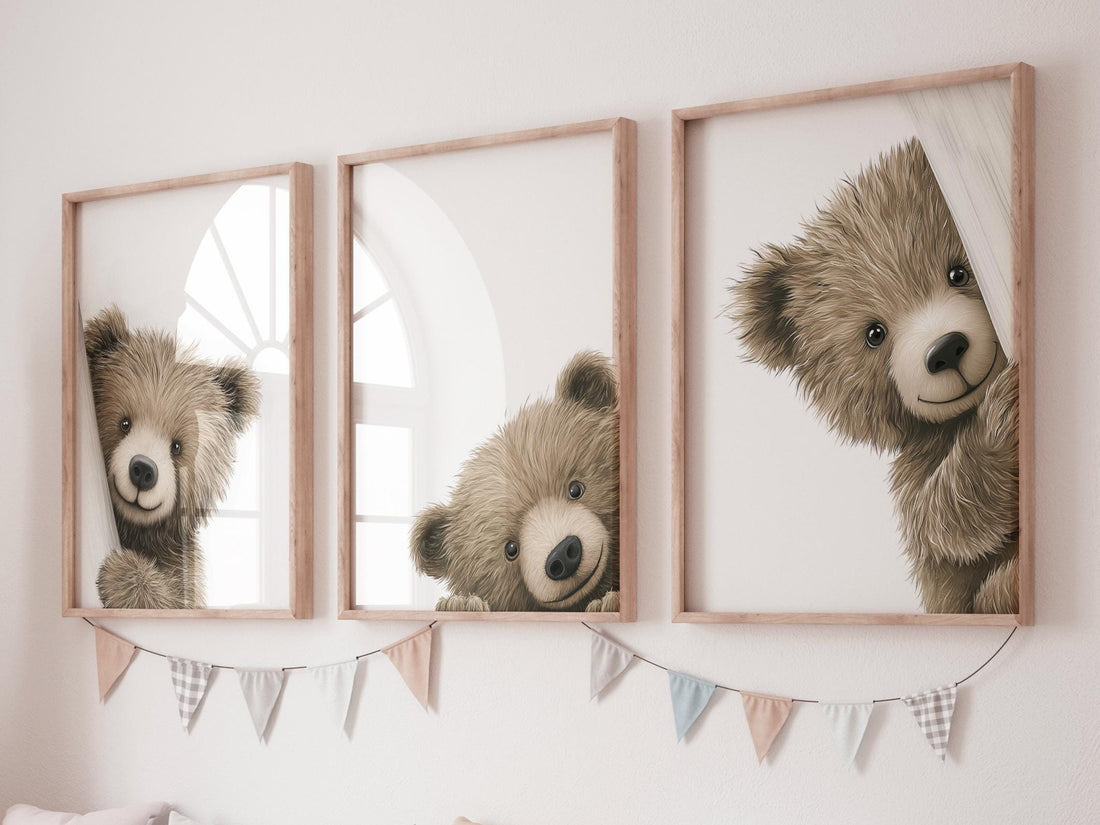 Peek a Boo Bear Nursery Wall Art Set of 3, Neutral Woodland Bear Prints