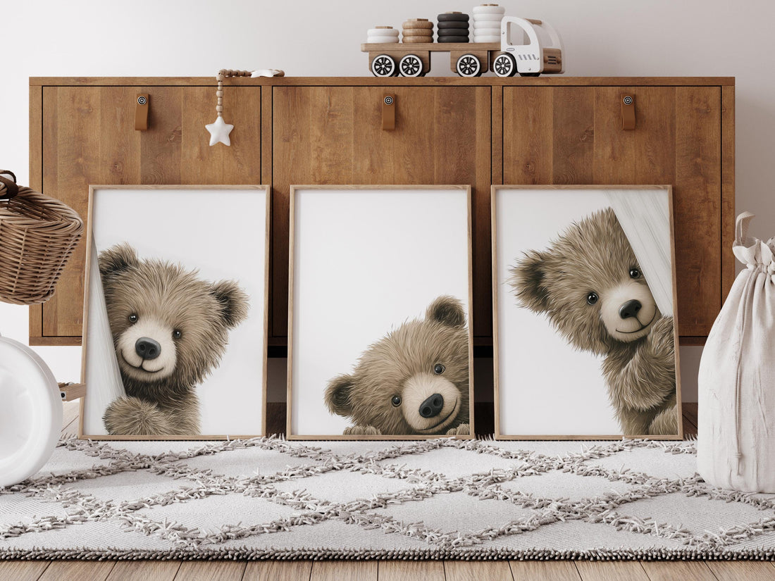 Peek a Boo Bear Nursery Wall Art Set of 3, Neutral Woodland Bear Prints