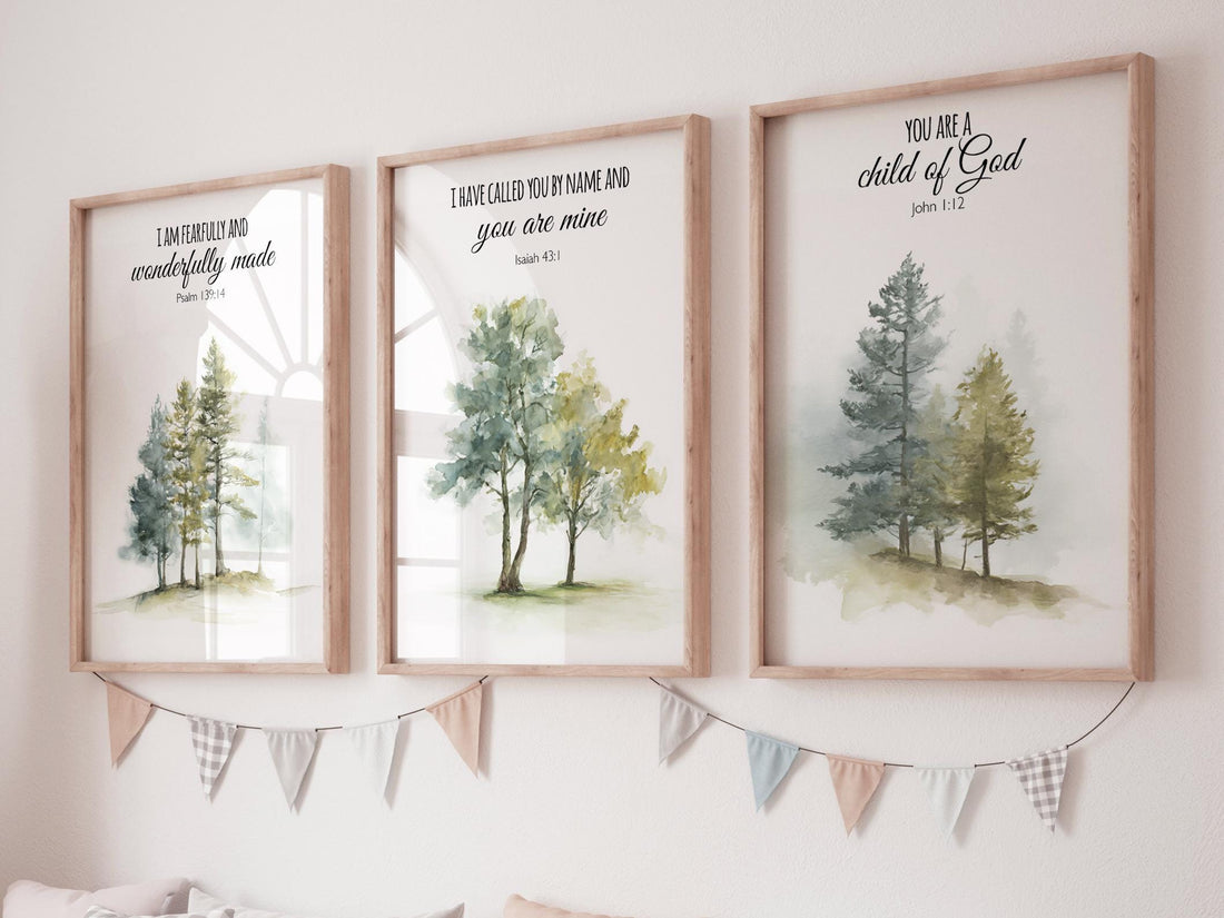 Mountain Nursery Art Print: Forest wall art, Bible Verse Decor