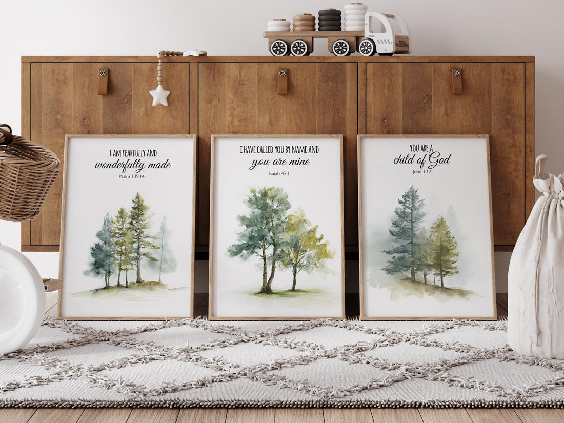 Mountain Nursery Art Print: Forest wall art, Bible Verse Decor