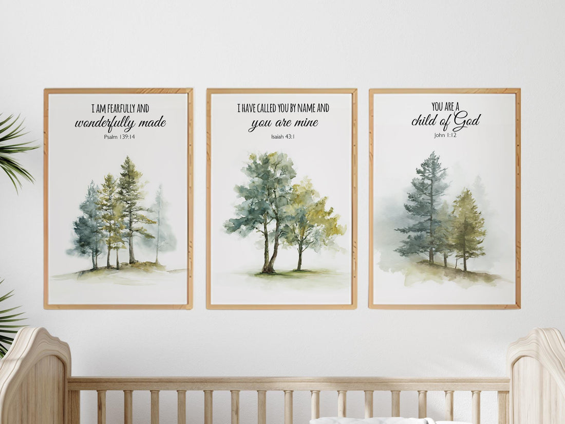 Mountain Nursery Art Print: Forest wall art, Bible Verse Decor