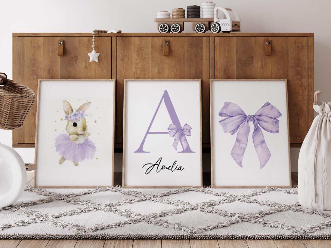 Purple Bunny Ballerina Nursery Wall Art Set, Personalized Name Print