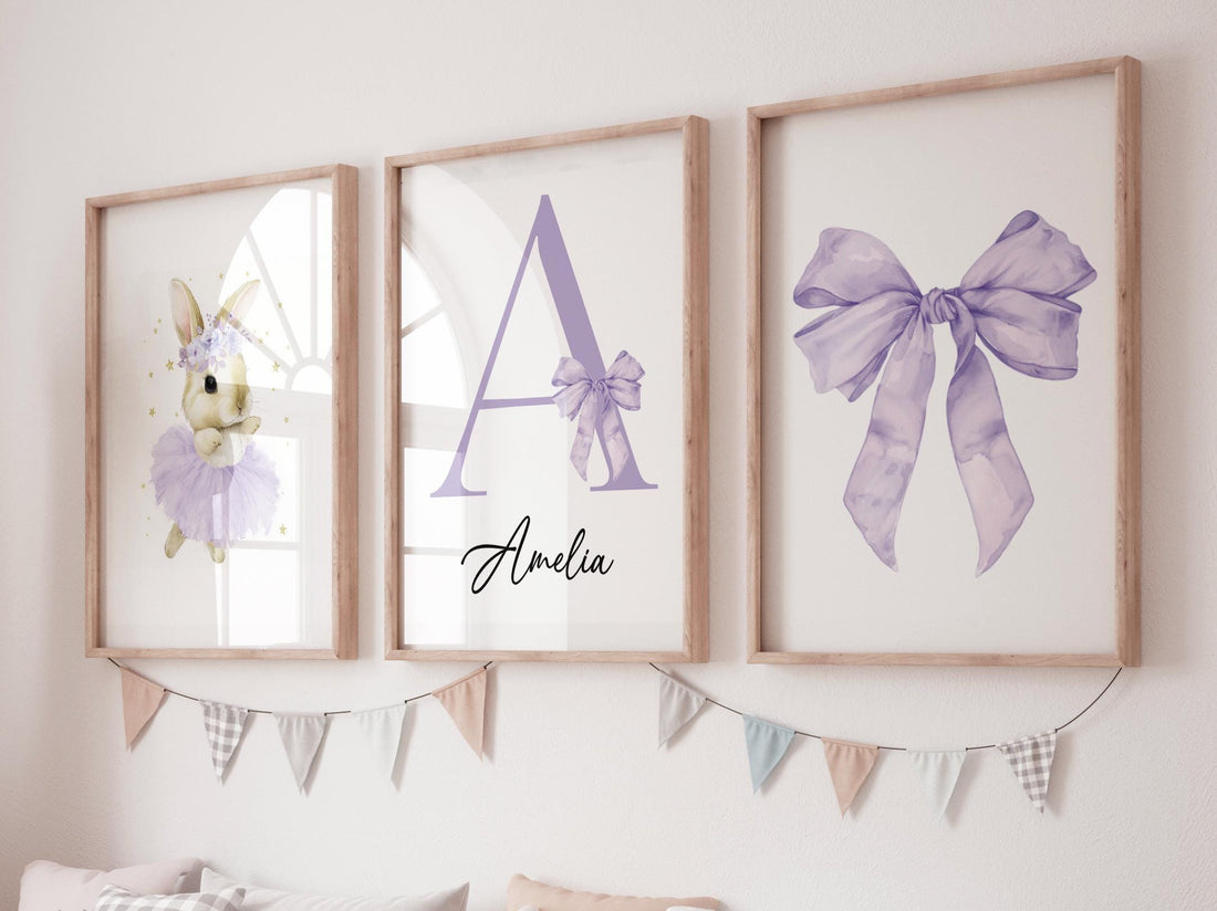 Purple Bunny Ballerina Nursery Wall Art Set, Personalized Name Print