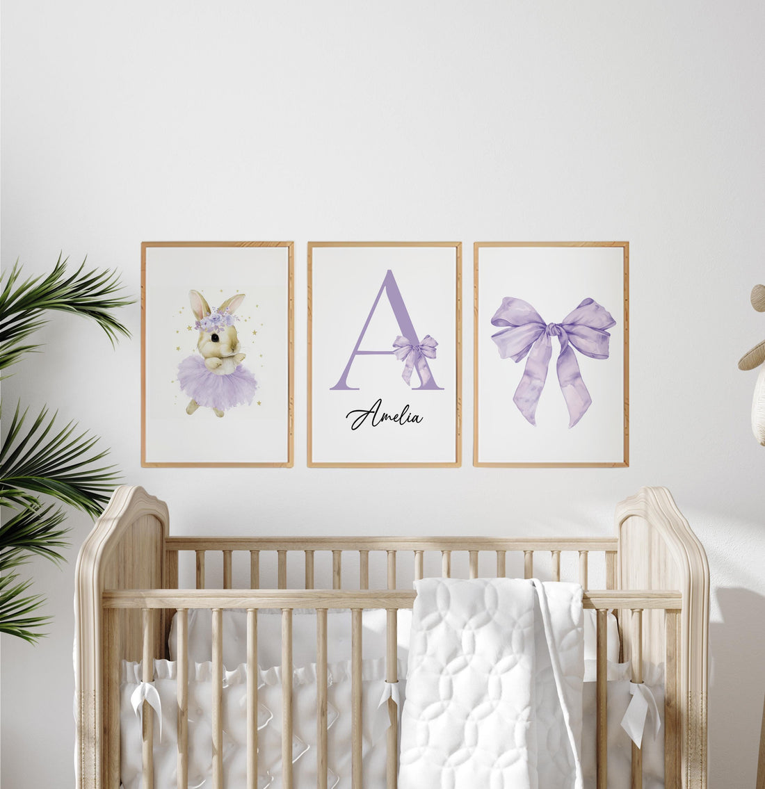 Purple Bunny Ballerina Nursery Wall Art Set, Personalized Name Print